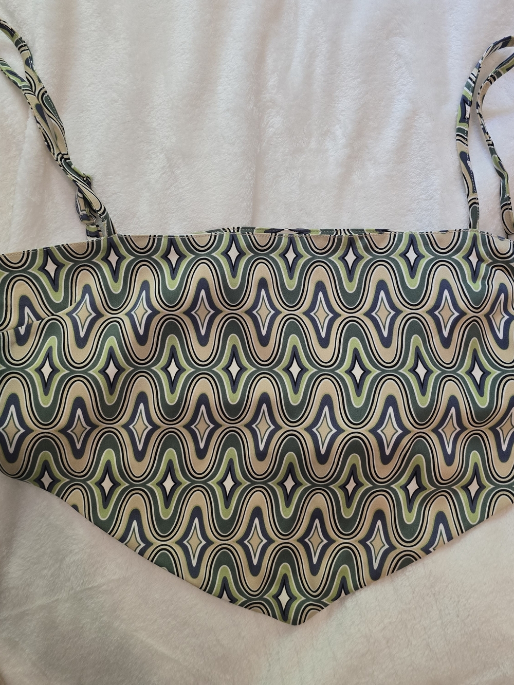 Forever 21 Retro 70s Psychedelic Print Handkerchief Tie Back Crop Top XL Green